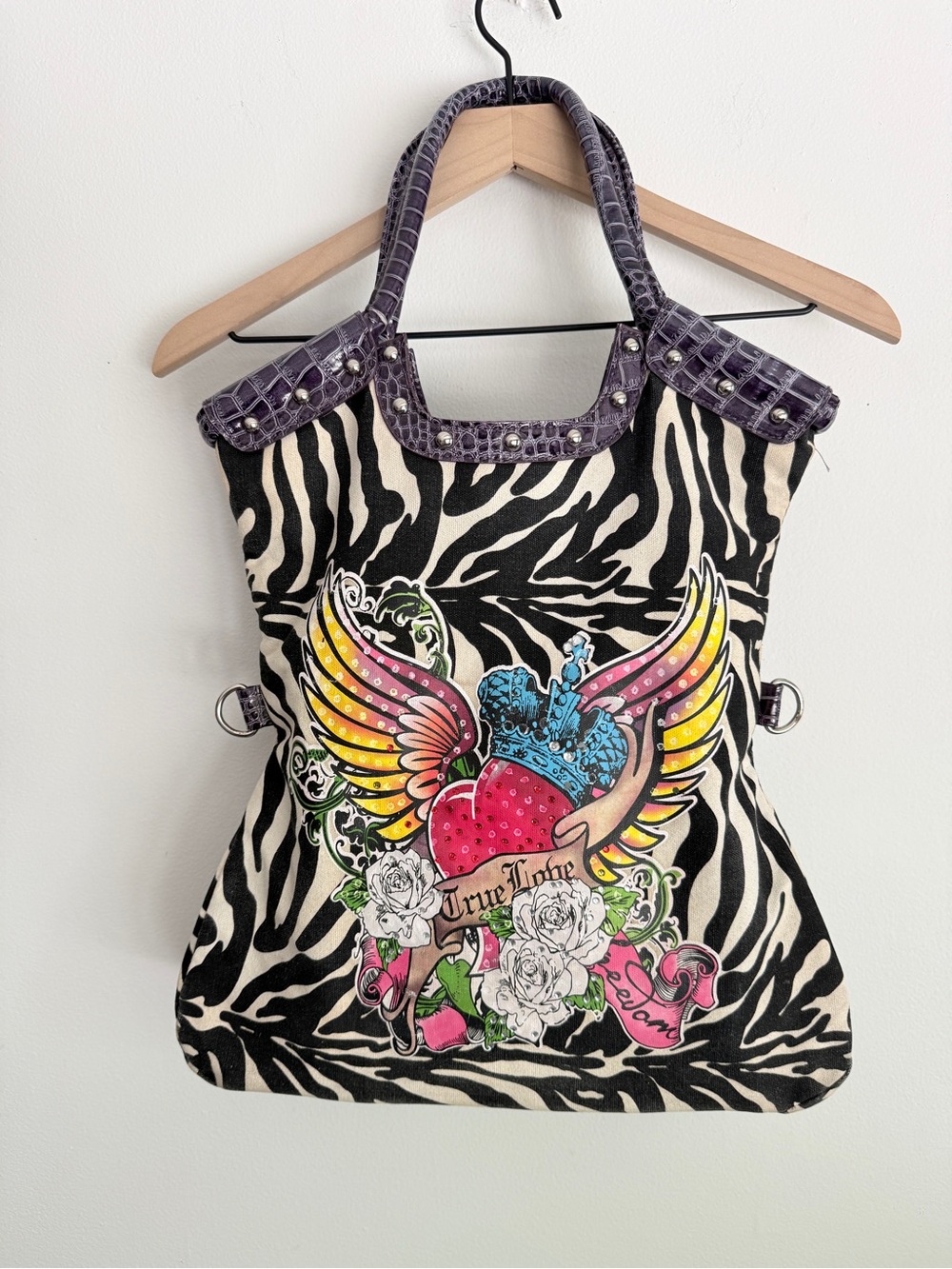 Zebra Print Y2K Tattoo Art Croc Handle Tote Bag True Love Winged Heart Vintage
